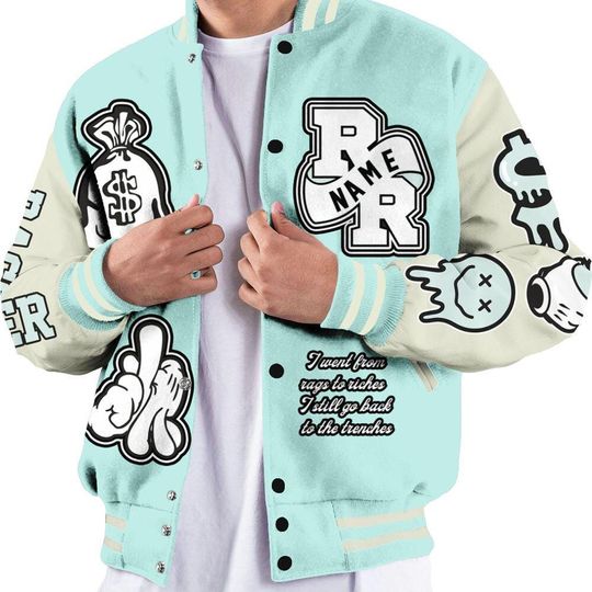 Pure Platinum 4s Varsity Jacket, Streetwear Varsity Jacket, Hip Hop Varsity Jacket, Rag 2 Rich Graphic Custom Name Varsity Jackets
