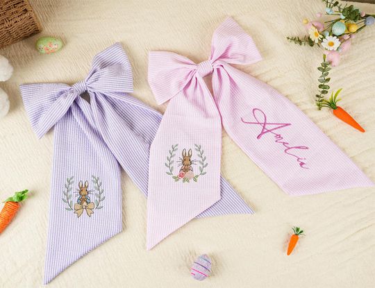 Personalized Seersucker Easter Basket Bow, Monogrammed Handle Decoration Ribbon