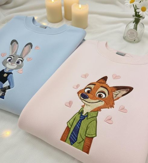 Embroidered Fox And Rabbit Sweatshirt, Zoo Inspired Crewneck, Matching Couple Shirt, Valentine Gift