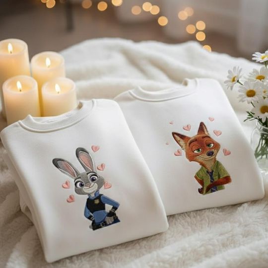 Embroidered Fox And Rabbit Sweatshirt, Zoo Inspired Crewneck, Matching Couple Shirt, Valentine Gift