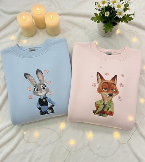 Embroidered Fox And Rabbit Sweatshirt, Zoo Inspired Crewneck, Matching Couple Shirt, Valentine Gift