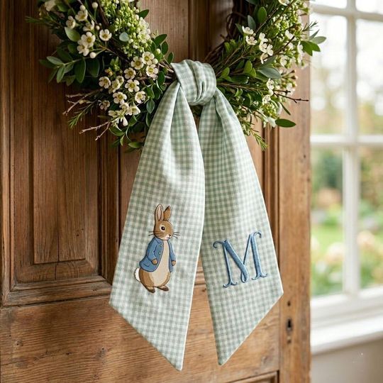 Embroidered Custom Monogram Easter Wreath Sash, Personalized Bunny Basket Bow With Name, Spring Toile Front Door Bow