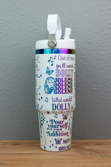 Dolly Parton 30 oz  Flip Top Water Bottle with Handle | Country Music Drinkware |  Laser Engraved | Dolly Rainbow Holographic Cup