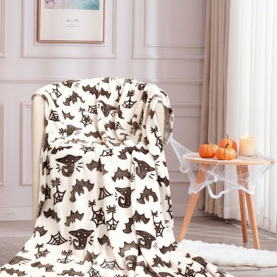 Halloween Bats and Spiderweb Blanket, Black and White Spooky Fleece Blanket