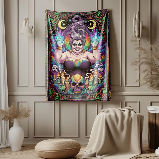 The Witch Blanket  Gothic Witch Fleece Blanket, Occult Stained Glass Style Bedding