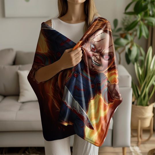 Chucky Blanket  Horror Movie Throw, Killer Doll Bedding, Creepy Slasher Blanket