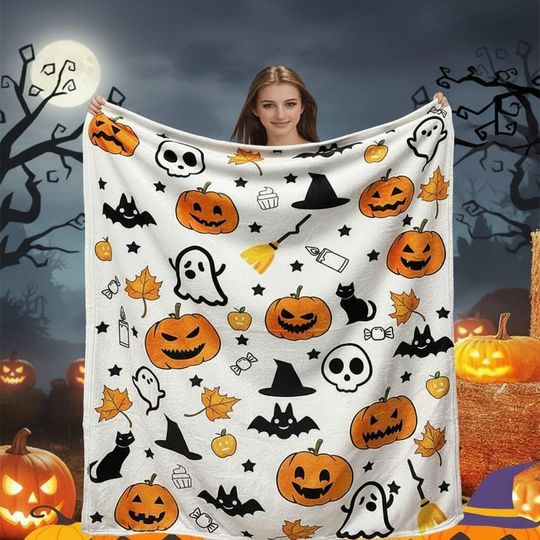 Halloween Blanket, Cute Pumpkin Ghost Witch Cat Skull Bat Throw