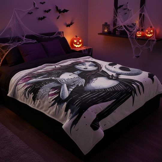 Nightmare Gothic Couple Blanket, Skeleton Love Throw, Dark Romantic Tapestry