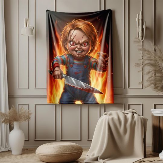 Chucky Blanket  Horror Movie Throw, Killer Doll Bedding, Creepy Slasher Blanket