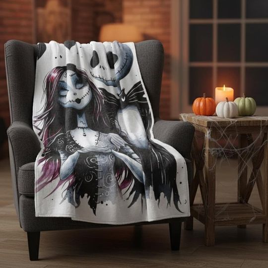 Nightmare Gothic Couple Blanket, Skeleton Love Throw, Dark Romantic Tapestry