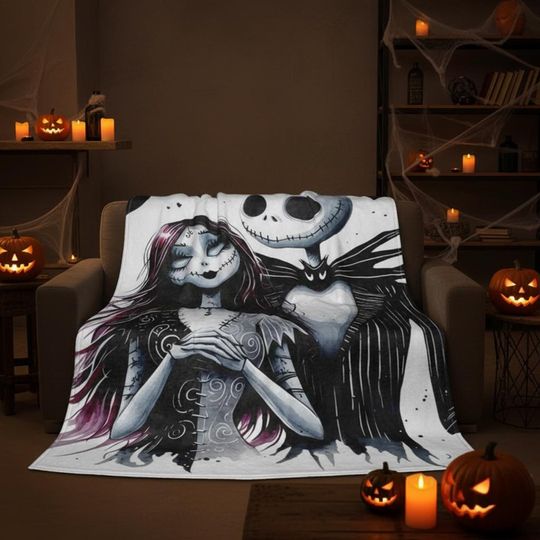 Nightmare Gothic Couple Blanket, Skeleton Love Throw, Dark Romantic Tapestry