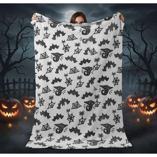 Halloween Bats and Spiderweb Blanket, Black and White Spooky Fleece Blanket