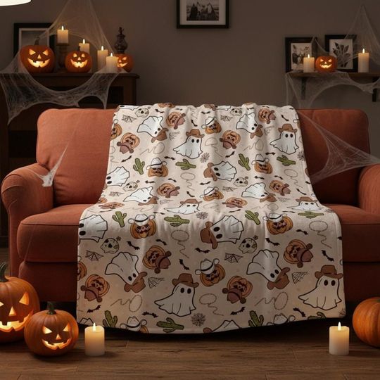 Cowboy Ghost Halloween Blanket, Cute Western Spooky Fleece Blanket