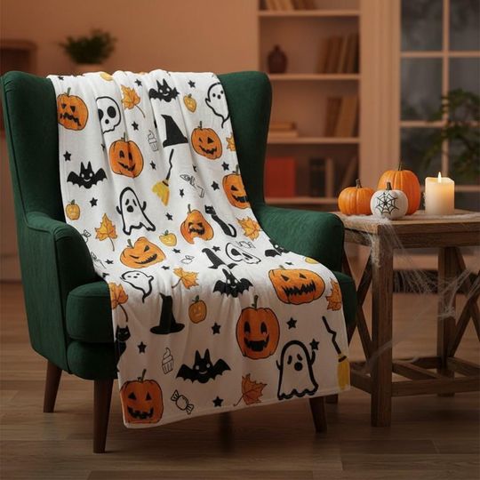 Halloween Blanket, Cute Pumpkin Ghost Witch Cat Skull Bat Throw