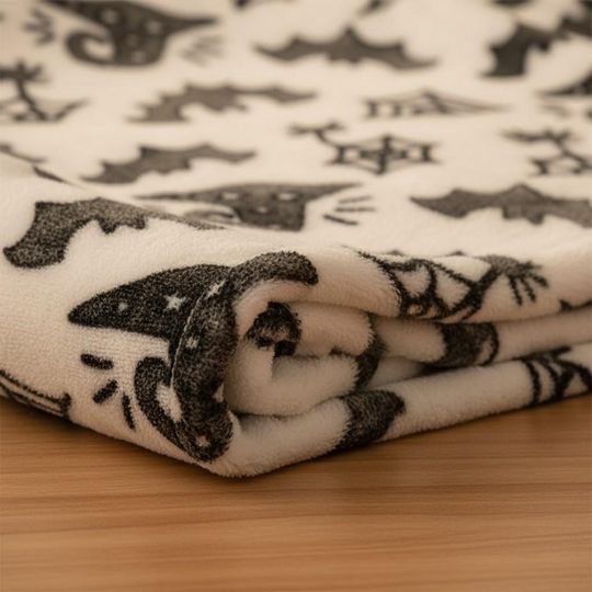 Halloween Bats and Spiderweb Blanket, Black and White Spooky Fleece Blanket