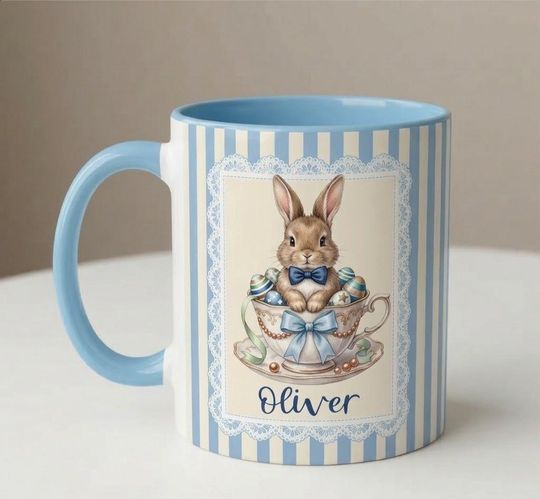Personalized Easter Bunny Mug, Custom Teacup Rabbit Coffee Cup, Cute Easter Baby Girl Gift