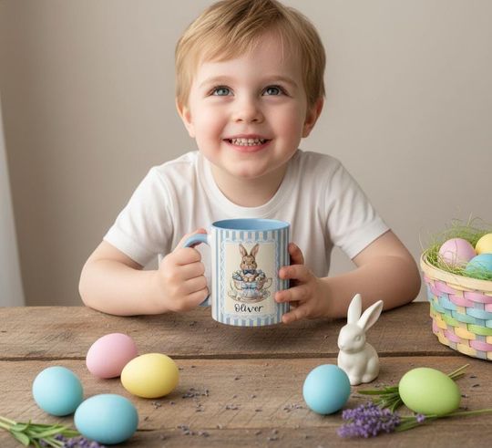 Personalized Easter Bunny Mug, Custom Teacup Rabbit Coffee Cup, Cute Easter Baby Girl Gift