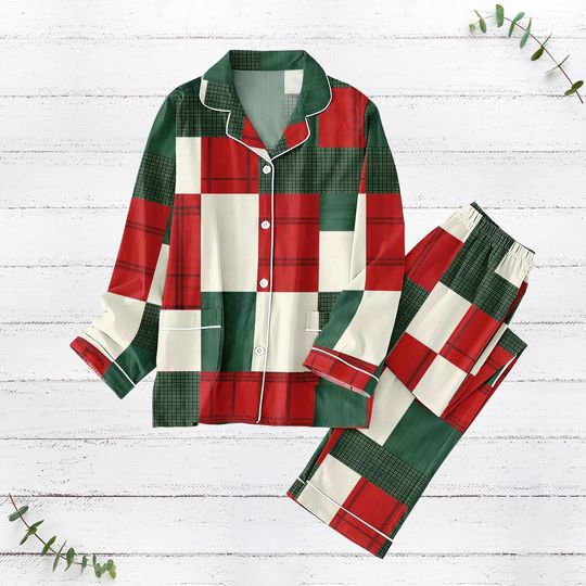 Red Green Plaid Christmas Pajamas Set, Plaid Patchwork Set Of Pajamas, Funny Holiday Pajamas For Family