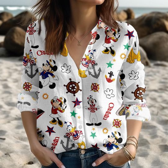 Mickey Cruise Blouse Shirt, Disney Cruise Women Shirt, Mickey And Friends Button Up Shirt, Disneyland Shirt, Disney World Gift For Her