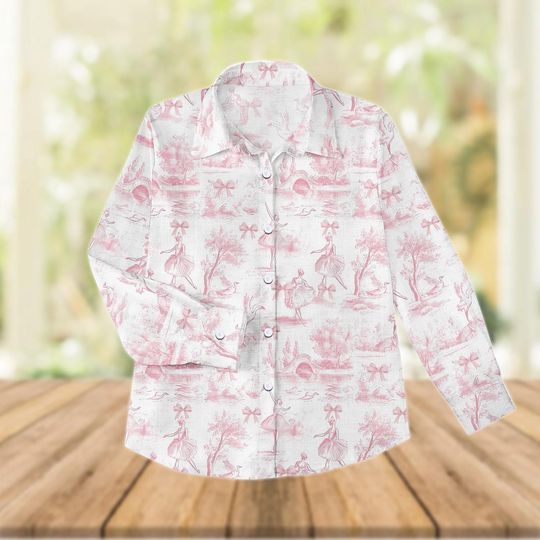 Vintage Pink Toile Balletcore Blouse for Women