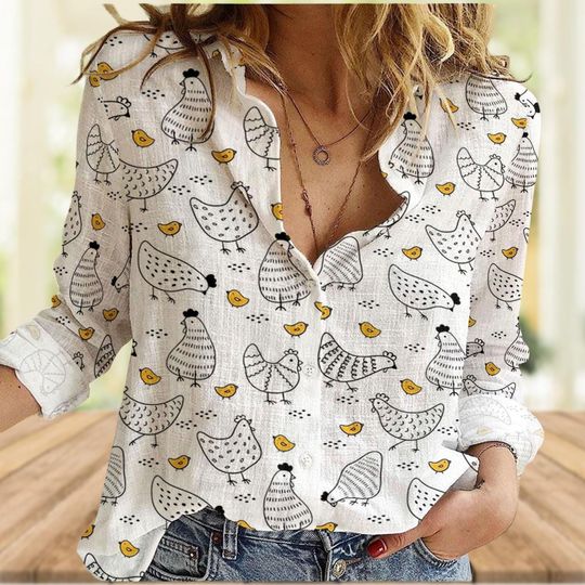 Chicken Women's Blouse, Rooster & Hen Long Sleeve Top