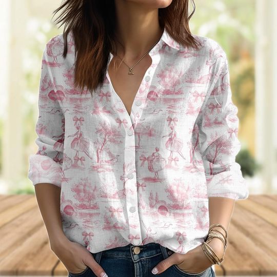 Vintage Pink Toile Balletcore Blouse for Women
