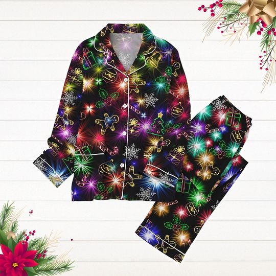 Christmas Bright Neon Lighting Pajamas Set, Neon Lighting Holiday Pjs, Christmas Symbols Pyjamas, Merry Xmas Shirt, Pajamas For Party