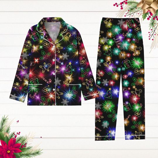 Christmas Bright Neon Lighting Pajamas Set, Neon Lighting Holiday Pjs, Christmas Symbols Pyjamas, Merry Xmas Shirt, Pajamas For Party