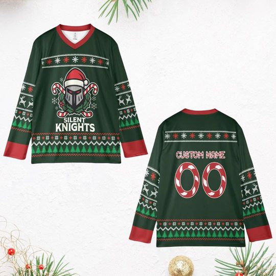 Silent Knights Hockey Jersey, Christmas Hockey Jersey, Custom Ugly Christmas Hockey Jersey, Xmas Gift, Festive Holiday Sweater