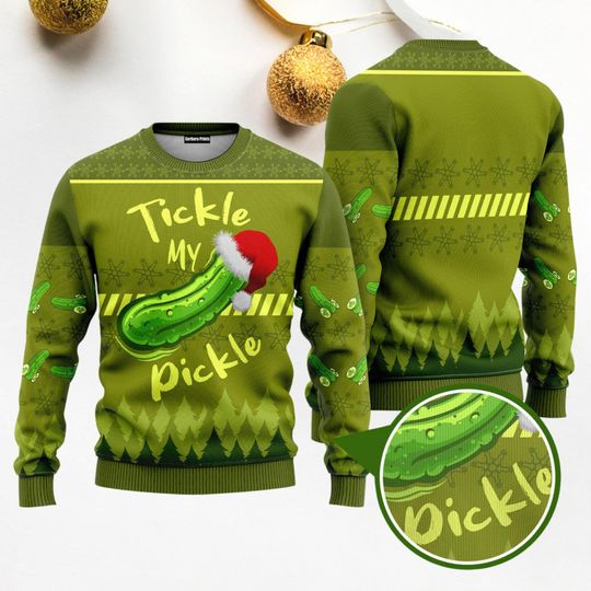 Tickle My Pickle Ugly Sweater, Pickle Christmas Sweater, Pickle Santa Hat Holiday Sweater, Pickle Sweater For Party, Ugly Xmas Sweater