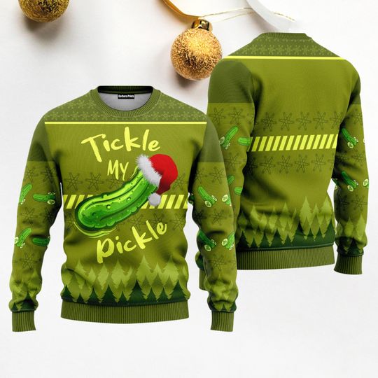 Tickle My Pickle Ugly Sweater, Pickle Christmas Sweater, Pickle Santa Hat Holiday Sweater, Pickle Sweater For Party, Ugly Xmas Sweater