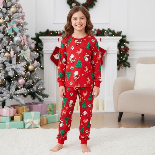 Christmas Tree Long Sleeve Pajamas Set for Adults, Santa Reindeer Christmas Matching Pajamas, Cozy Holiday Sleepwear