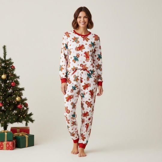 Gingerbread Long Sleeve Pajamas Set for Adults, Holiday Christmas Family Matching Sleepwear