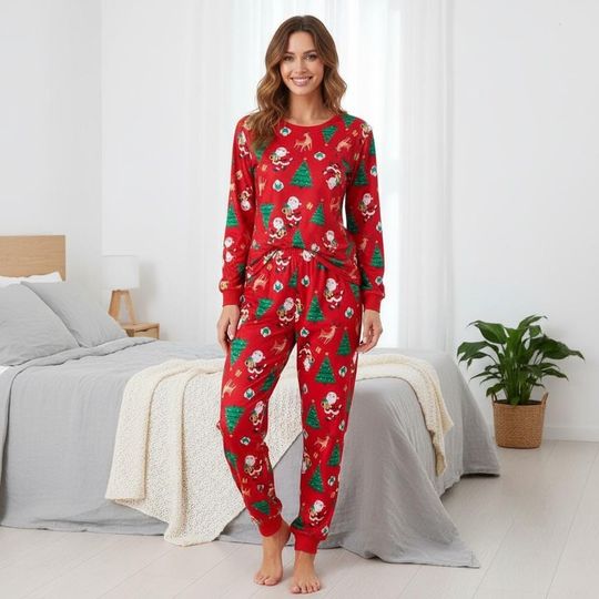 Christmas Tree Long Sleeve Pajamas Set for Adults, Santa Reindeer Christmas Matching Pajamas, Cozy Holiday Sleepwear