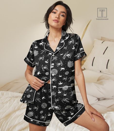 Star Galaxy Pajama Set with Pockets, Space Silk Pajamas For Women, Natural Star Galaxy Bridal Party Pajamas, Women Short Sleeve Pajamas