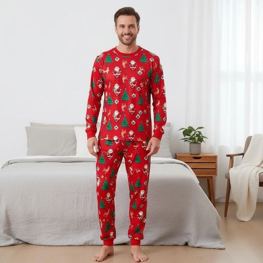 Christmas Tree Long Sleeve Pajamas Set for Adults, Santa Reindeer Christmas Matching Pajamas, Cozy Holiday Sleepwear