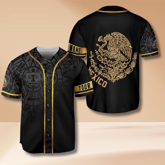 Mexico Aztec Black Gold Baseball Jersey with Eagle Crest Personalized Custom Name Heritage Shirt