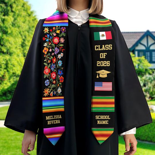 Personalized Mexican Graduation Stole  Custom Afro-Mexican Grad Sash for Graduation Ceremony