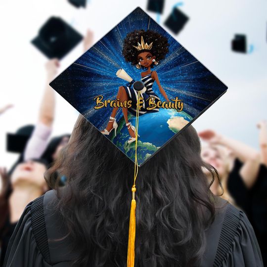 Brains & Beauty African American Graduation Cap Topper, Black Girl Grad Cap Decoration, Black Queen Grad Gift