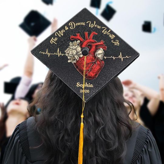 Anatomical Heart Nursing Graduation Cap Topper, Custom ICU Nurse Grad Cap, The Postal Service and Downs Were Worth It, Cardiac Nurse Cap