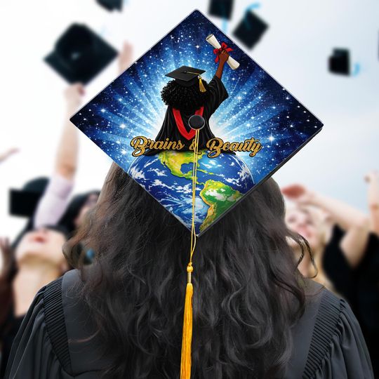 Brains & Beauty African American Graduation Cap Topper, Black Girl Grad Cap Decoration, Black Queen Grad Gift