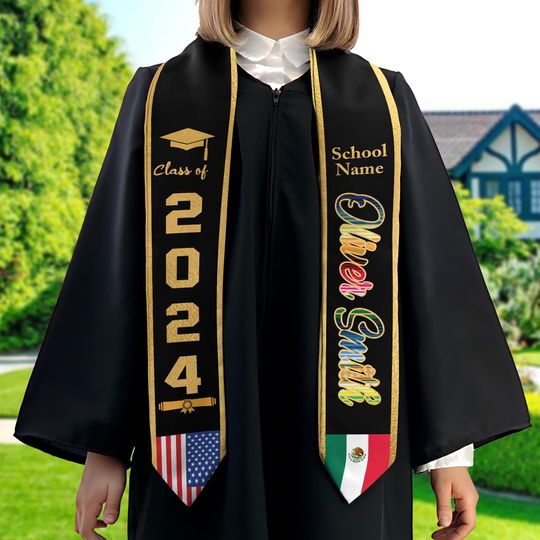 Personalized Two Flag Graduation Stoles, Double Nation Graduation Sash, Class Of 2026 Stoles, Mixed Two Flag Graduation Stoles