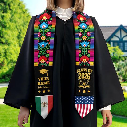 Personalized Mexican American Flag Graduation Stole, Class of 2026 Mexican Stole, Mexican Graduation, Mexican Graduation Gift