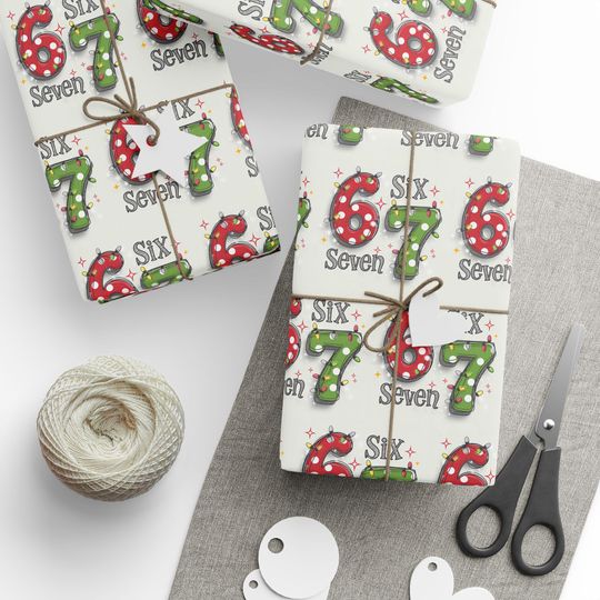 67 Christmas Wrapping Paper, Six Seven Number Gift Wrap, Retro Holiday Lights Wrapping Sheet, Fun Christmas Gift Wrap Roll