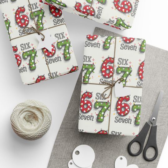 67 Christmas Wrapping Paper, Six Seven Number Gift Wrap, Retro Holiday Lights Wrapping Sheet, Fun Christmas Gift Wrap Roll