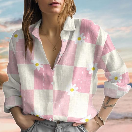 Gingham Daisy Blouse Shirt, Spring Picnic Linen-Look Shirt, Cute Cottagecore Floral Summer Shirt, Women Shirt, Gift For Her