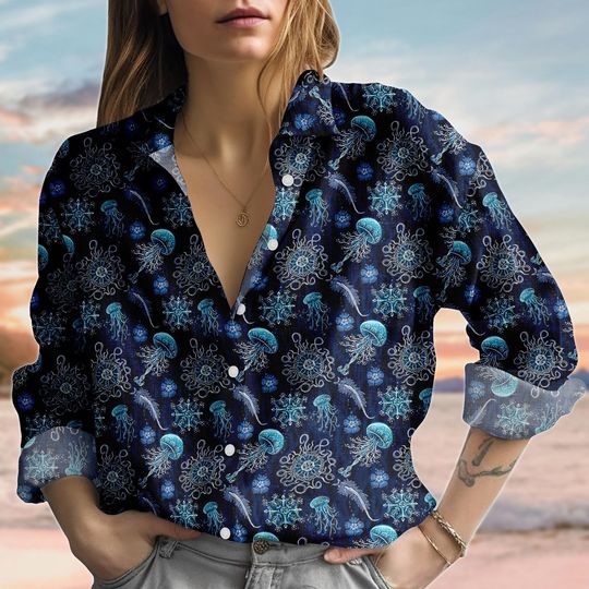 Jellyfish Linen-Look Shirt, Deep Sea Oceancore Women Shirt, Glow In Dark Blouse Shirt, Sea Love Button Shirt, Marine Halloween Shirt