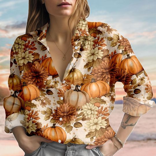 Fall Pumpkin Floral Linen-Look Shirt, Autumn Harvest Women Shirt, Retro Leaves Blouse Shirt, Women Shirt, Halloween Outfit Gift For Her