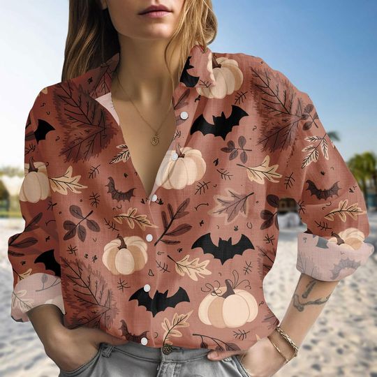 Bat Pumpkin Linen-Look Shirt, Halloween Women Shirt, Cute Spooky Fall Casual Shirt, Witchy Autumn Blouse Shirt, Halloween Gift For Her