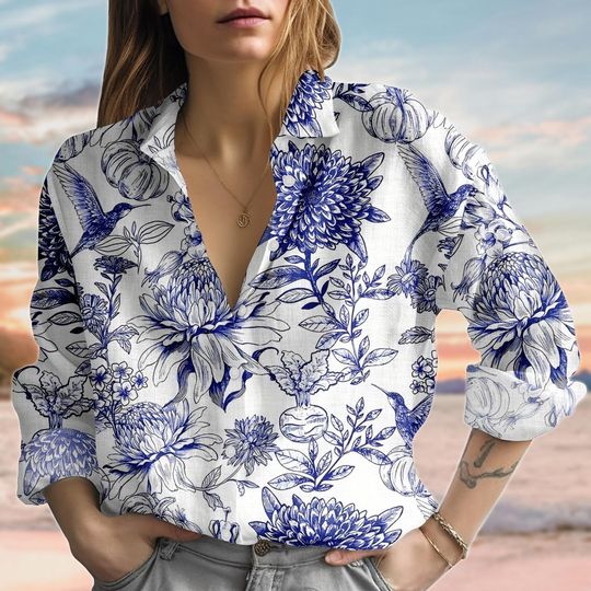 Vintage Floral Linen-Look Shirt, Botanical Women Blouses Shirt, Cottagecore Garden Casual Shirt, Flowers Love Shirt, Gift For Her